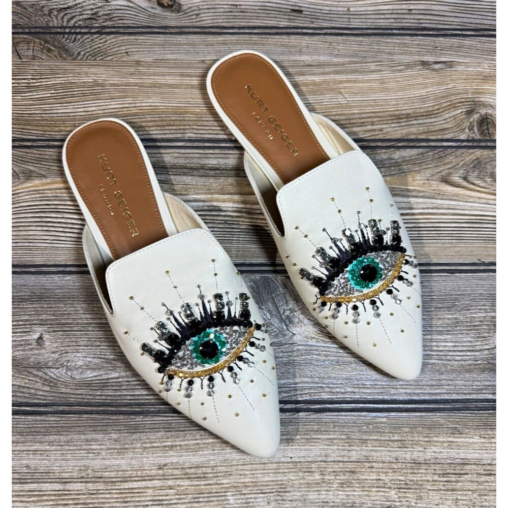 Kurt Geiger London Women's White Beaded Eye Pointed Toe Slip-On Mule Flats